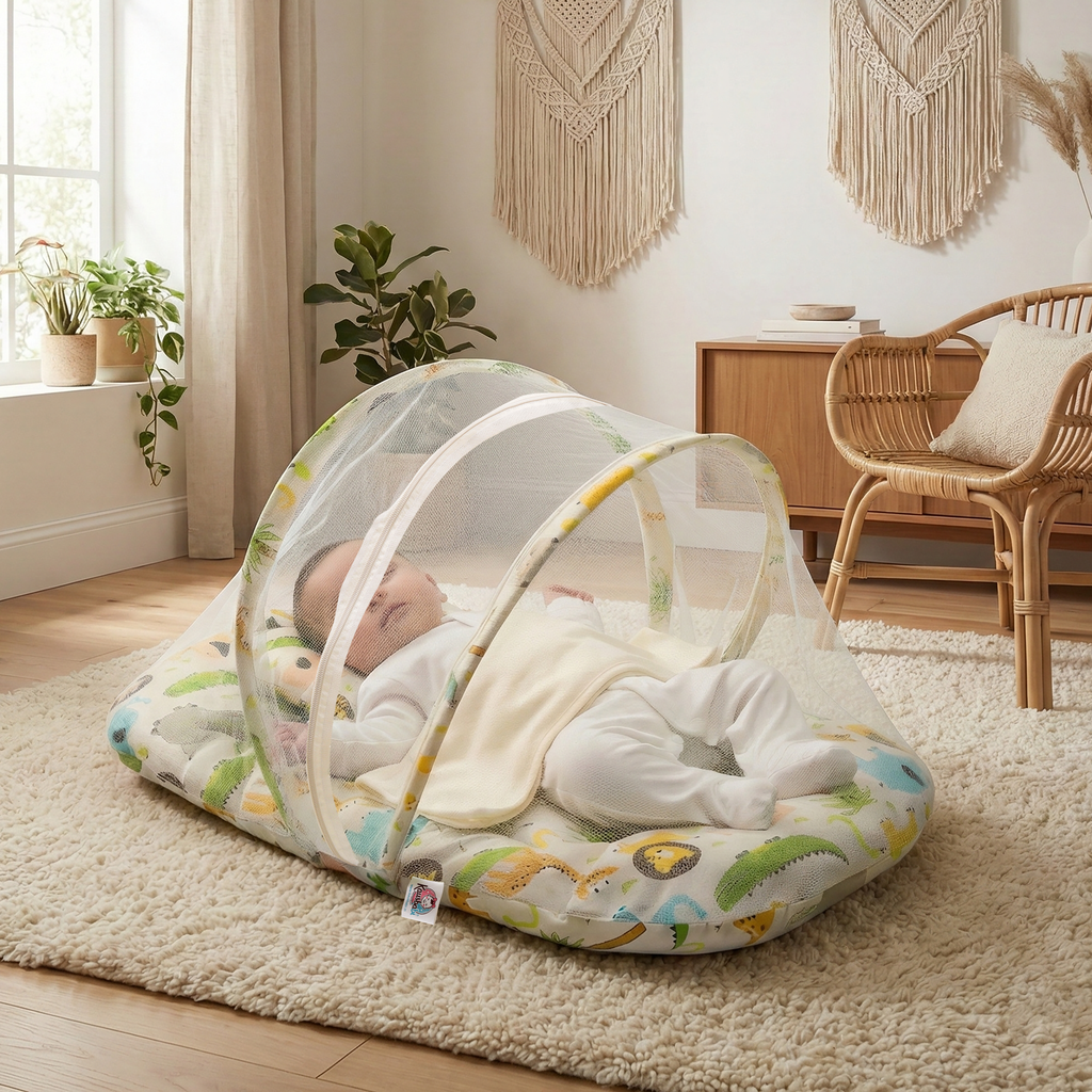 Kausbabi Foldable Baby Mosquito Net with Mattress | Portable Infant Sleeping Bed with Cushion | Breathable Mesh Protection for Newborn Babies | Lightweight Travel Baby Bed (0-12 Months)