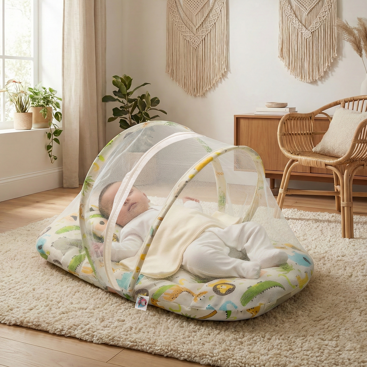 Kausbabi Foldable Baby Mosquito Net with Mattress | Portable Infant Sleeping Bed with Cushion | Breathable Mesh Protection for Newborn Babies | Lightweight Travel Baby Bed (0-12 Months)