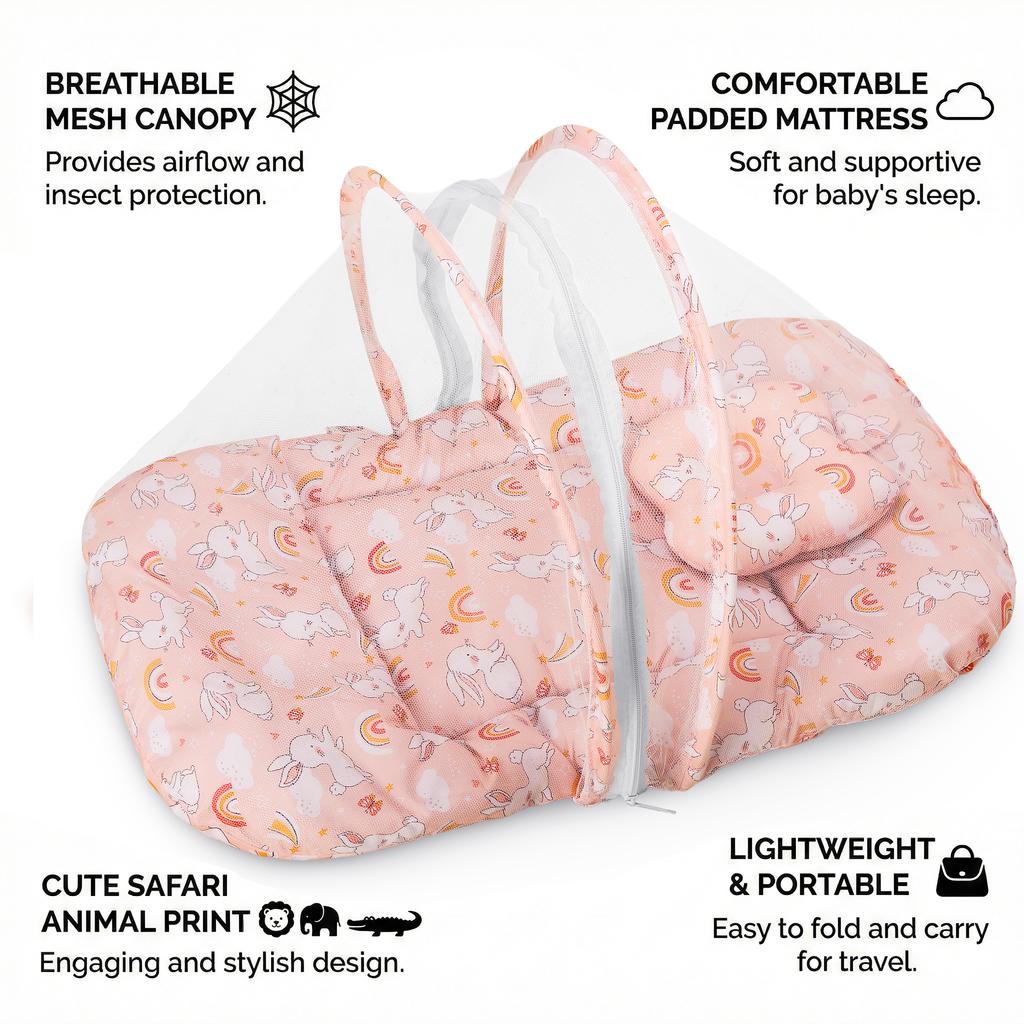 Kausbabi Foldable Baby Mosquito Net with Mattress | Portable Infant Sleeping Bed with Cushion | Breathable Mesh Protection for Newborn Babies | Lightweight Travel Baby Bed (0-12 Months)