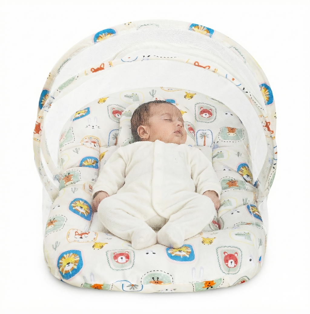 Kausbabi Foldable Baby Mosquito Net with Mattress | Portable Infant Sleeping Bed with Cushion | Breathable Mesh Protection for Newborn Babies | Lightweight Travel Baby Bed (0-12 Months)