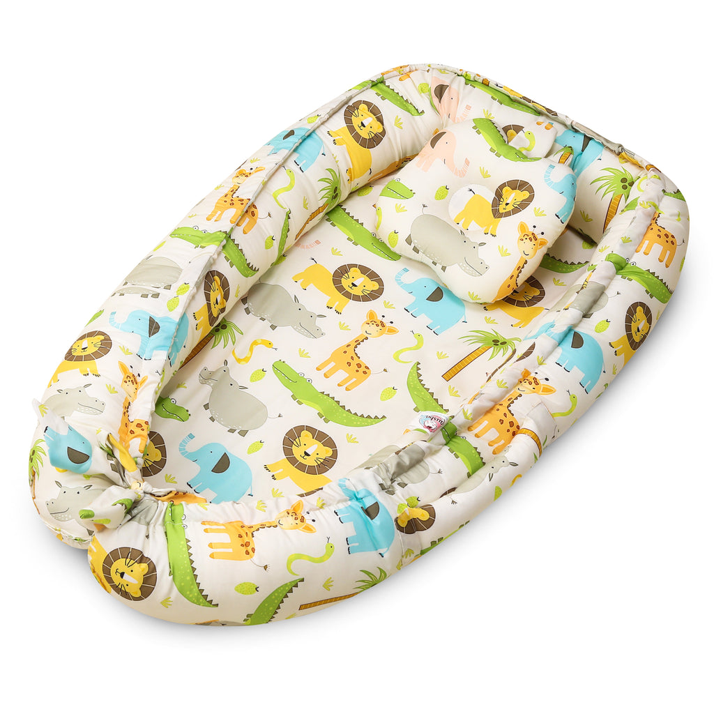 Baby Nest Bed for Newborn | Soft & Breathable Infant Lounger with Pillow with Jungle Safari