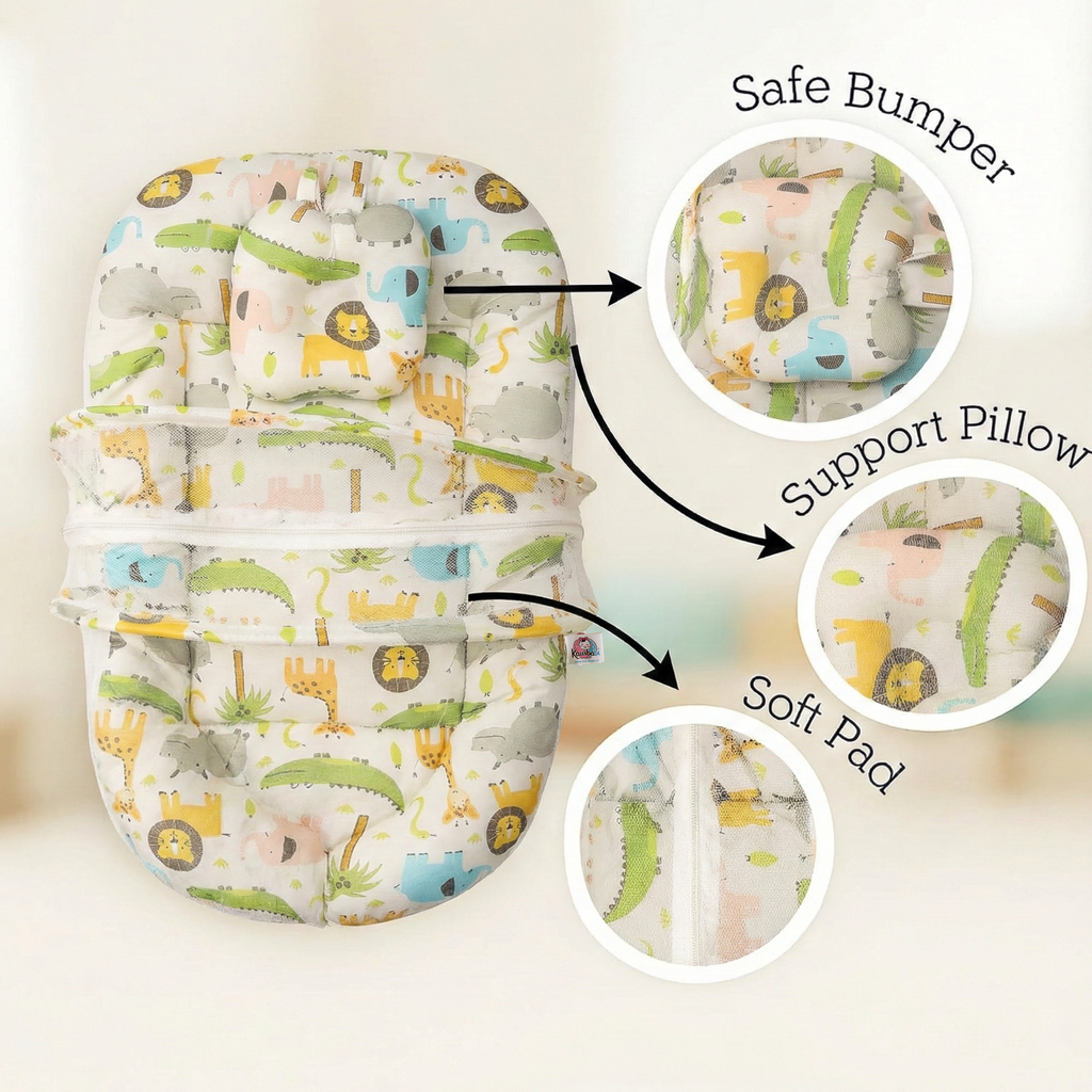 Kausbabi Foldable Baby Mosquito Net with Mattress | Portable Infant Sleeping Bed with Cushion | Breathable Mesh Protection for Newborn Babies | Lightweight Travel Baby Bed (0-12 Months)