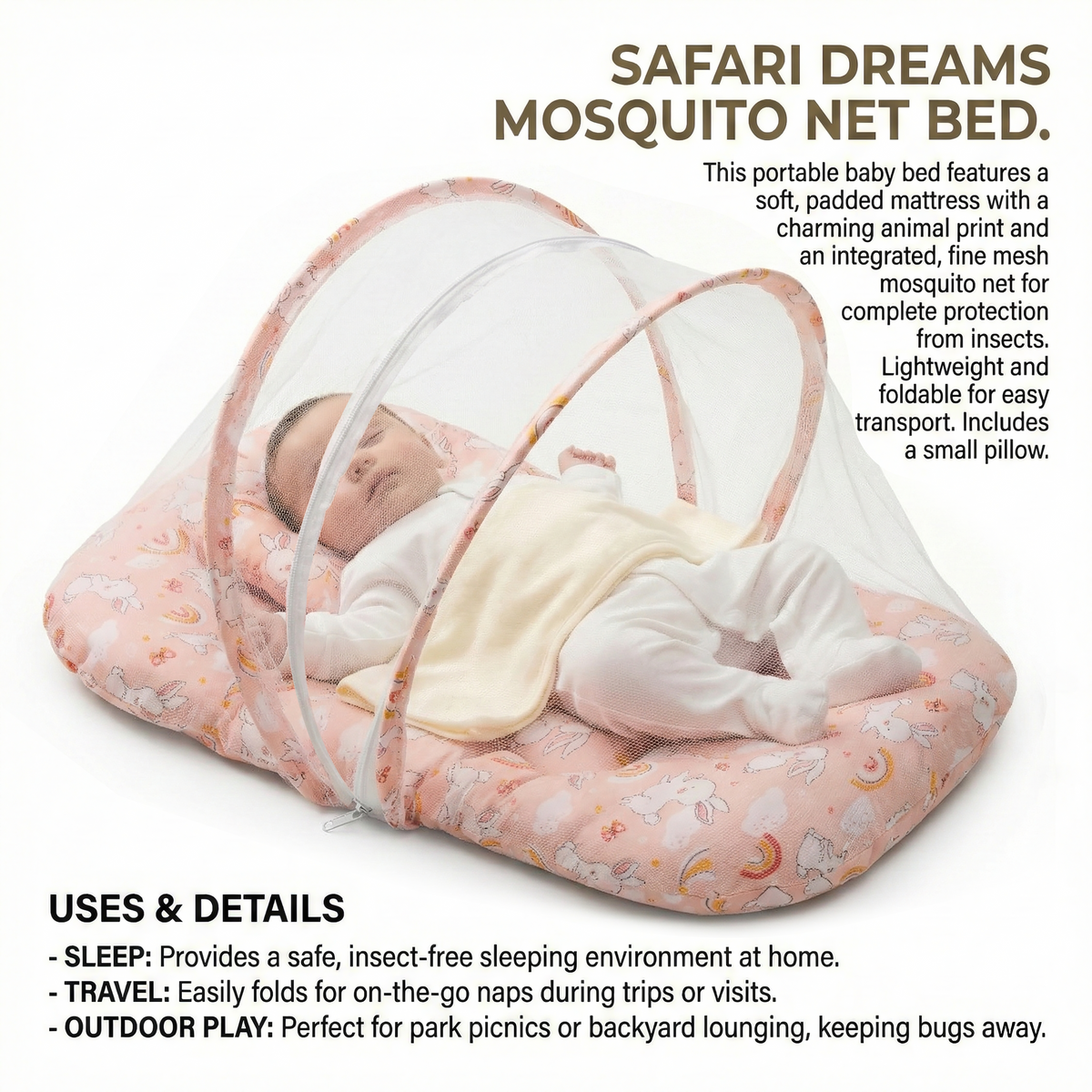 Kausbabi Foldable Baby Mosquito Net with Mattress | Portable Infant Sleeping Bed with Cushion | Breathable Mesh Protection for Newborn Babies | Lightweight Travel Baby Bed (0-12 Months)