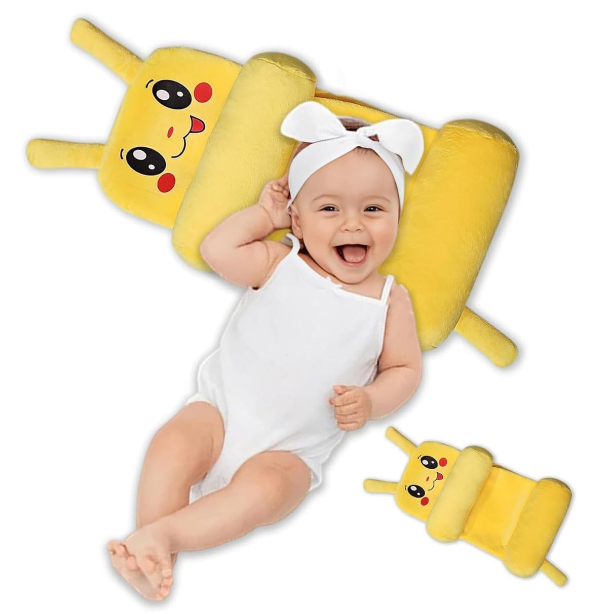 Baby Sleeping Support Pillow with Side Rollers | Newborn Safety Sleeping Pillow Set | Soft Cotton Infant Neck Pillow for 0–12 Months | Anti-Flat Head Cushion for Baby Boys & Girls (Pikachu)