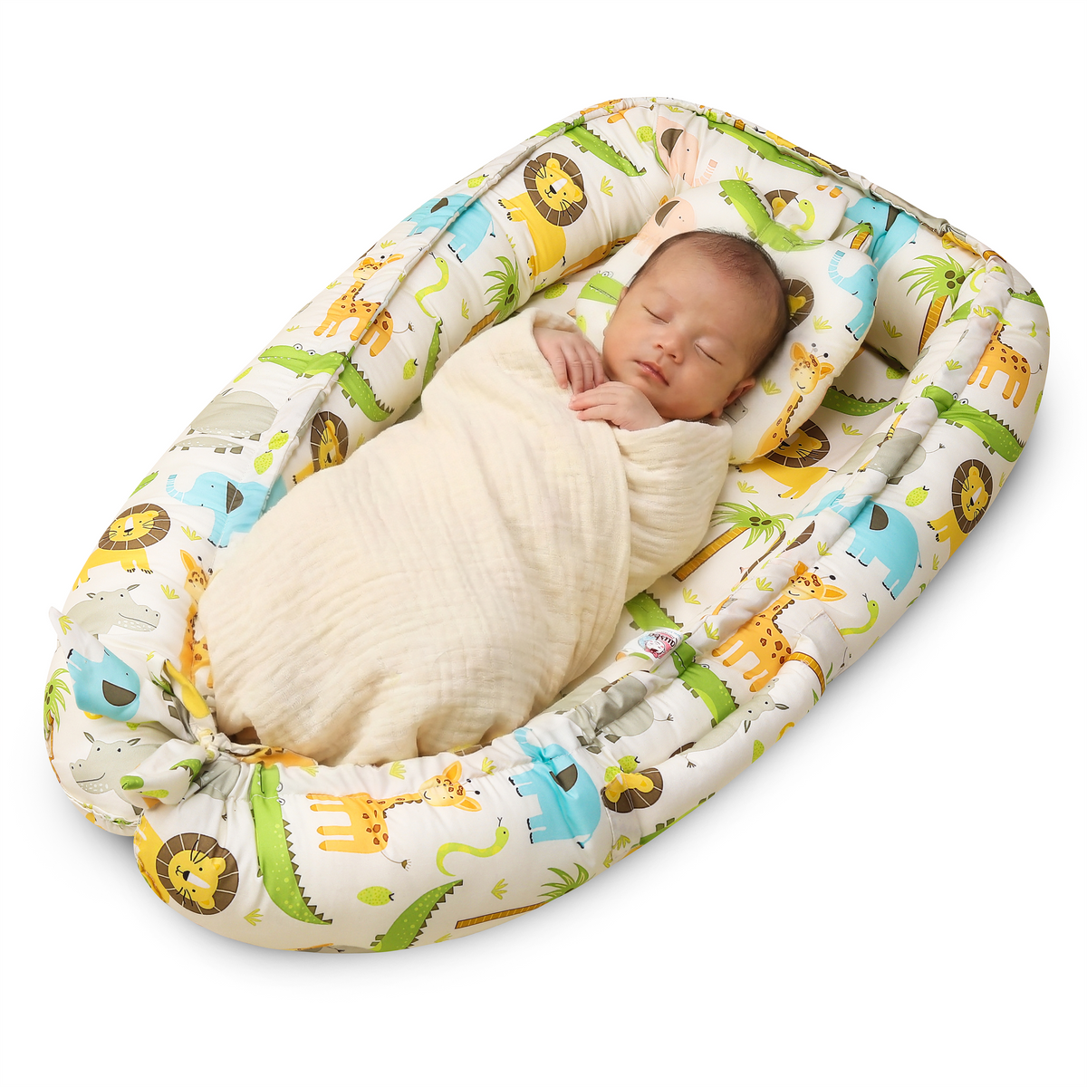 Baby Nest Bed for Newborn | Soft & Breathable Infant Lounger with Pillow with Jungle Safari