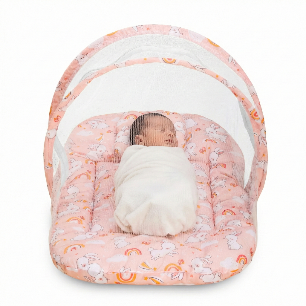 Kausbabi Foldable Baby Mosquito Net with Mattress | Portable Infant Sleeping Bed with Cushion | Breathable Mesh Protection for Newborn Babies | Lightweight Travel Baby Bed (0-12 Months)