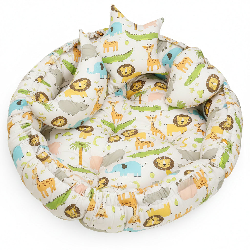 Kausbabi Round Baby Tub Bed with Mosquito Net | Soft Infant Nest Bed with Pillow | Portable Newborn Sleeping Bed with Breathable Net Protection | Comfortable Baby Lounger for 0–12 Months