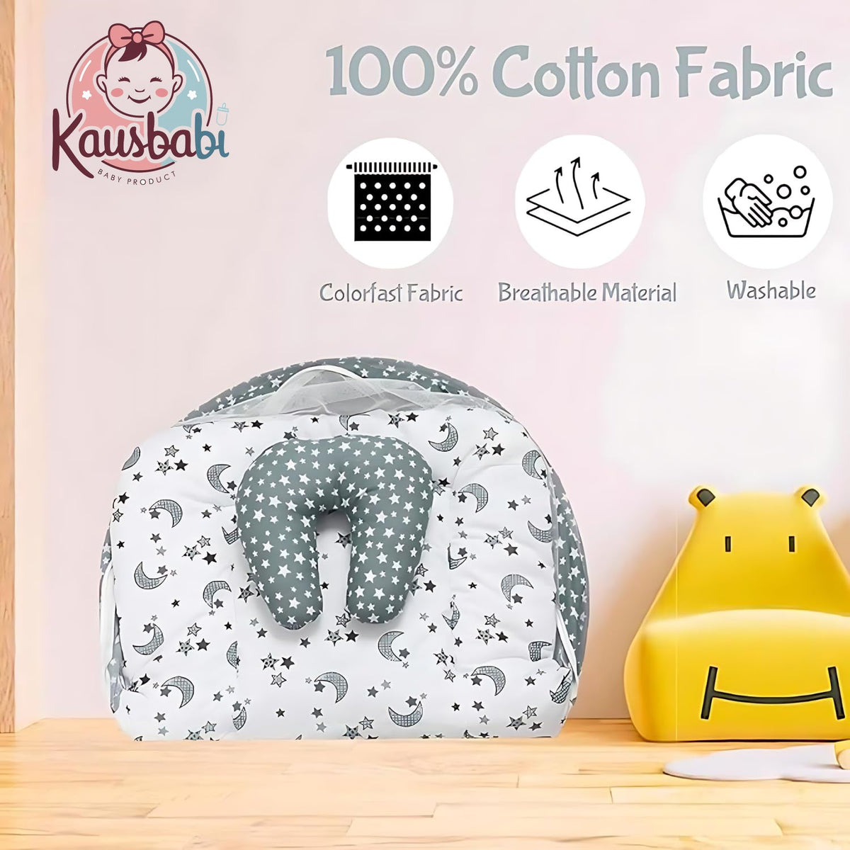 Kausbabi Foldable Baby Mosquito Net with Mattress | Portable Infant Sleeping Bed with Cushion | Breathable Mesh Protection for Newborn Babies | Lightweight Travel Baby Bed (0-12 Months) (Star Moon)