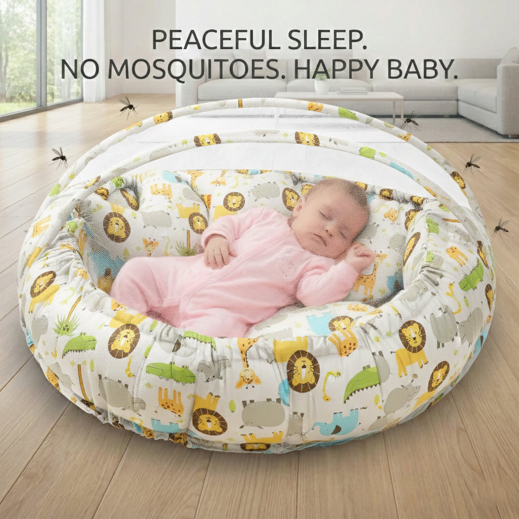 Round Baby Tub Bed with Mosquito Net | Soft Infant Nest Bed with Pillow