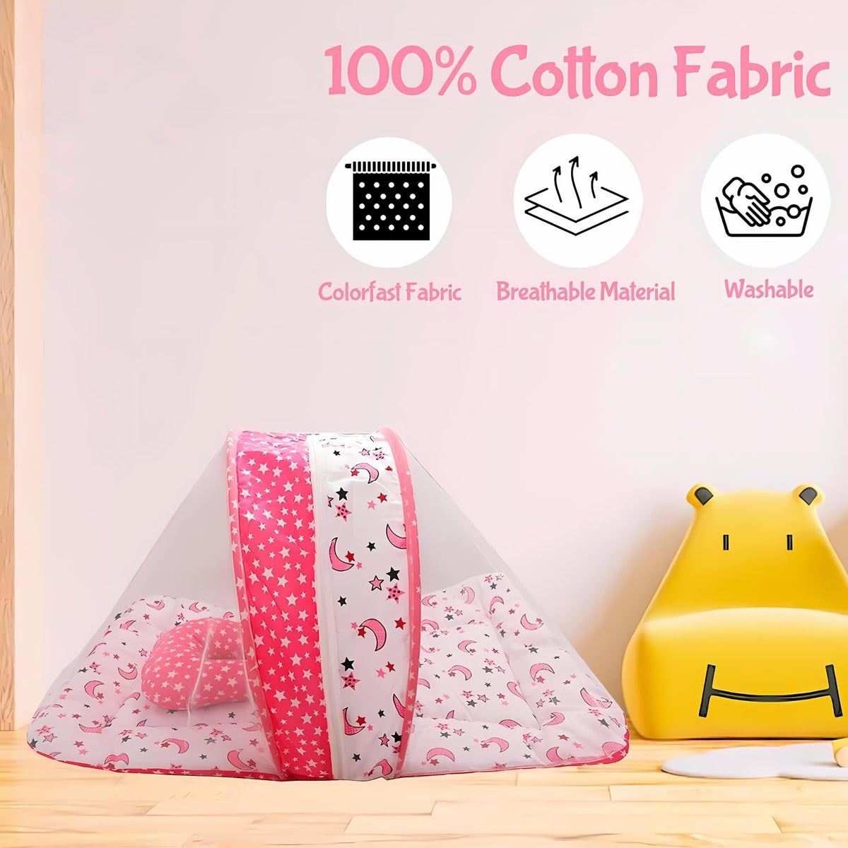 Kausbabi Foldable Baby Mosquito Net with Mattress | Portable Infant Sleeping Bed with Cushion | Breathable Mesh Protection for Newborn Babies | Lightweight Travel Baby Bed (0-12 Months) (Star Moon)