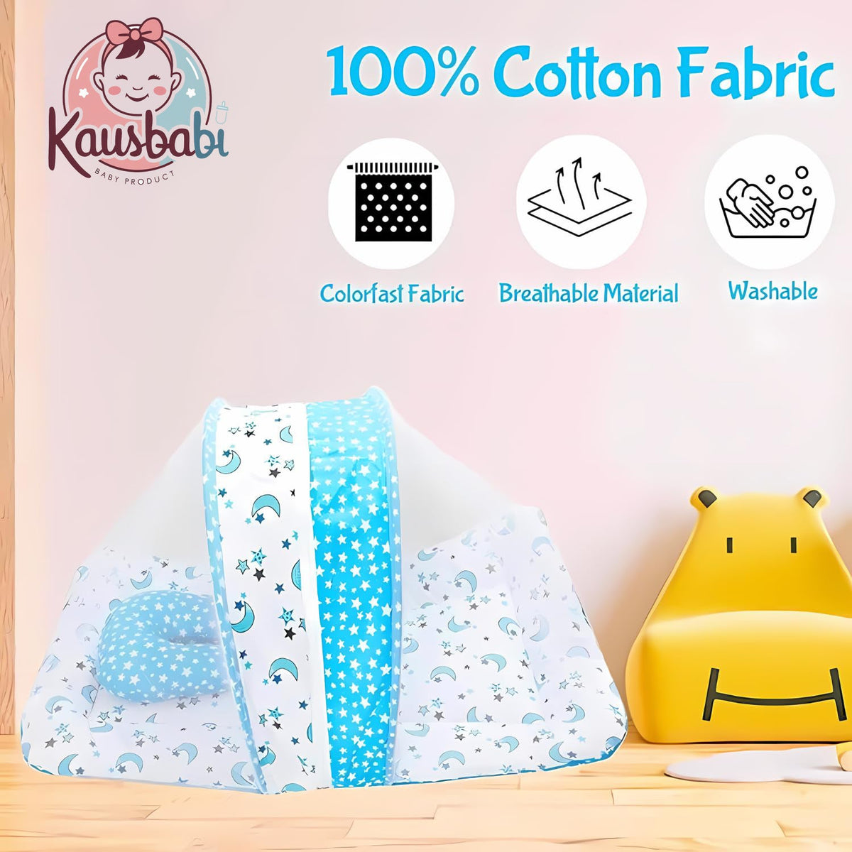Kausbabi Foldable Baby Mosquito Net with Mattress | Portable Infant Sleeping Bed with Cushion | Breathable Mesh Protection for Newborn Babies | Lightweight Travel Baby Bed (0-12 Months) (Star Moon)
