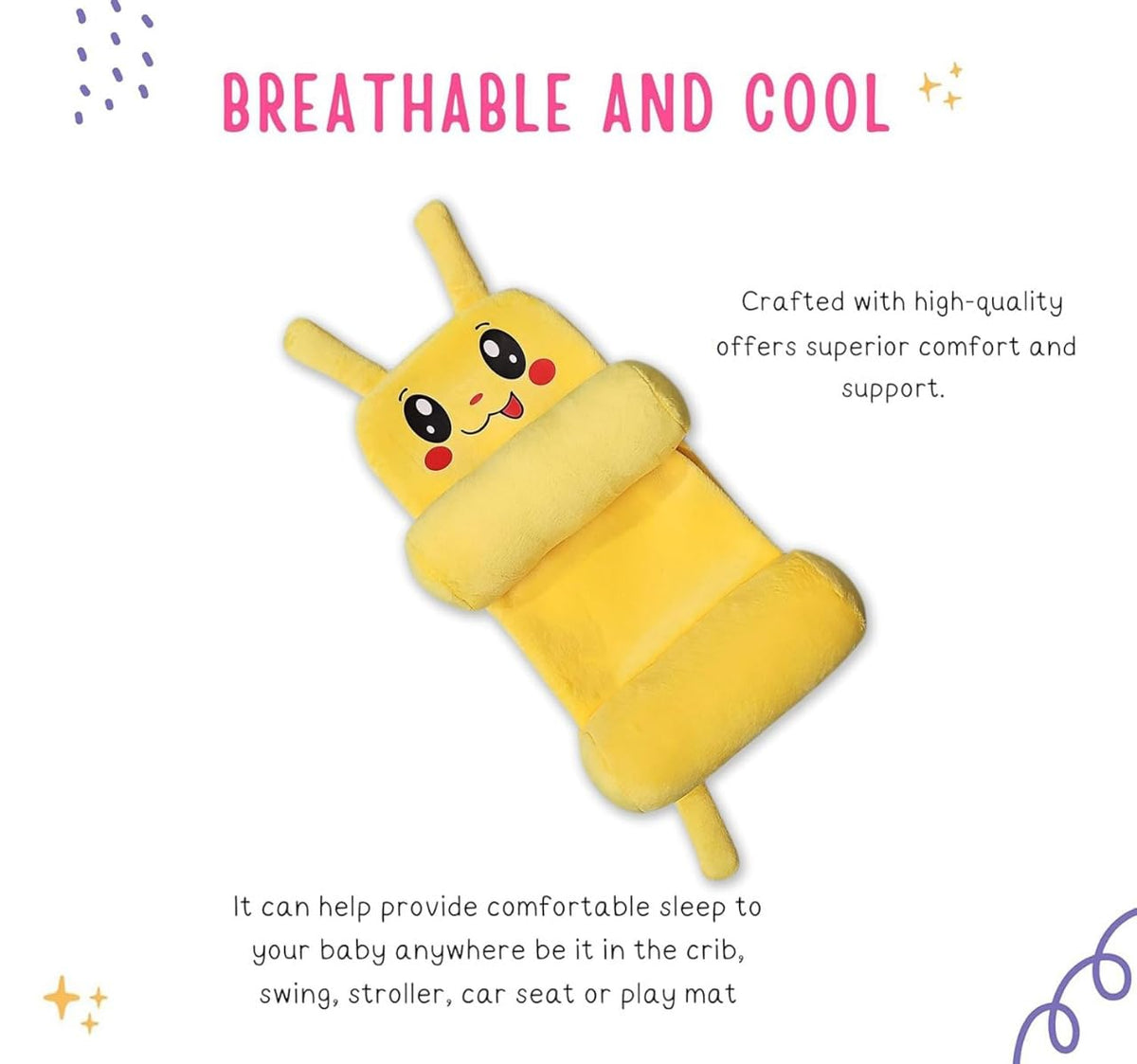 Baby Sleeping Support Pillow with Side Rollers | Newborn Safety Sleeping Pillow Set | Soft Cotton Infant Neck Pillow for 0–12 Months | Anti-Flat Head Cushion for Baby Boys & Girls (Pikachu)