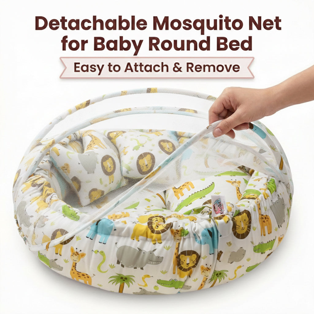 Round Baby Tub Bed with Mosquito Net | Soft Infant Nest Bed with Pillow