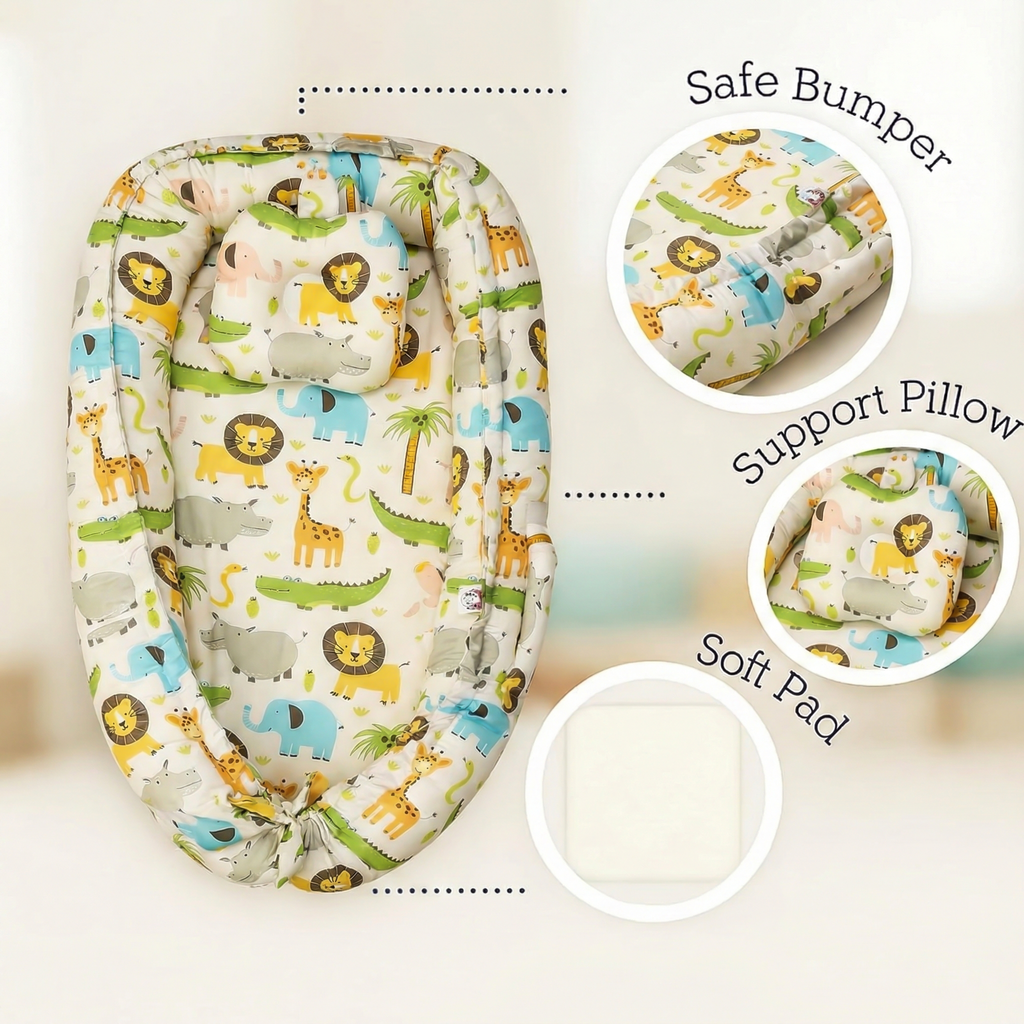 Baby Nest Bed for Newborn | Soft & Breathable Infant Lounger with Pillow with Jungle Safari