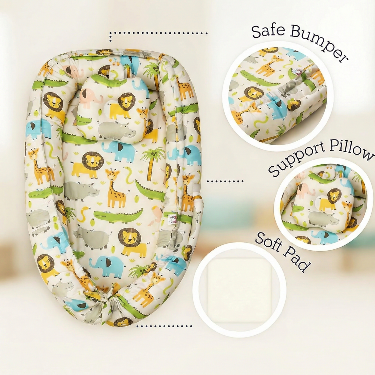 Baby Nest Bed for Newborn | Soft & Breathable Infant Lounger with Pillow with Jungle Safari