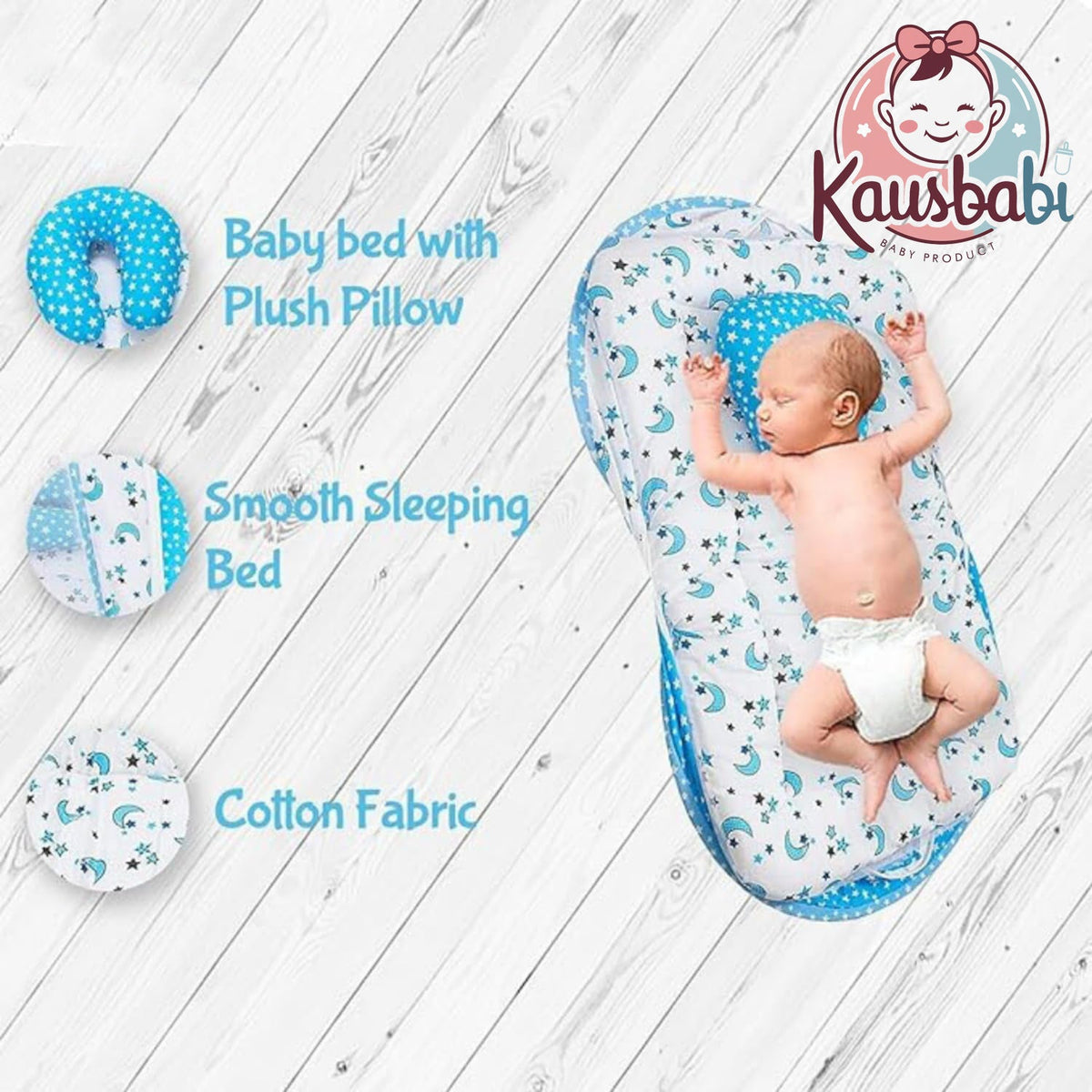 Kausbabi Foldable Baby Mosquito Net with Mattress | Portable Infant Sleeping Bed with Cushion | Breathable Mesh Protection for Newborn Babies | Lightweight Travel Baby Bed (0-12 Months) (Star Moon)