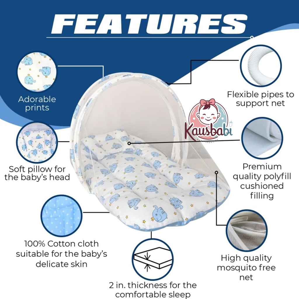 Kausbabi Foldable Baby Mosquito Net with Mattress | Portable Infant Sleeping Bed with Cushion | Breathable Mesh Protection for Newborn Babies | Lightweight Travel Baby Bed (0-12 Months)