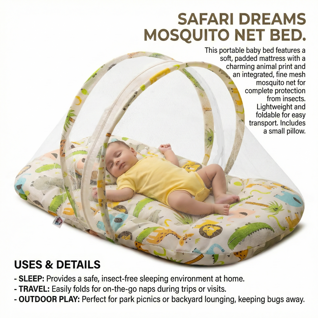 Kausbabi Foldable Baby Mosquito Net with Mattress | Portable Infant Sleeping Bed with Cushion | Breathable Mesh Protection for Newborn Babies | Lightweight Travel Baby Bed (0-12 Months)