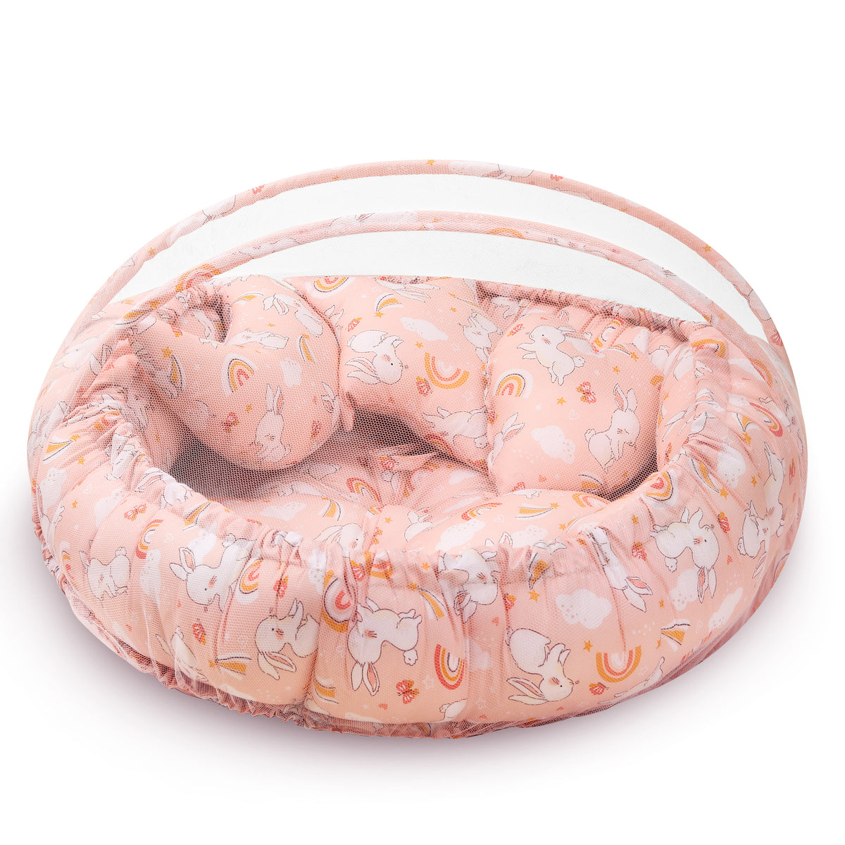 Kausbabi Round Baby Tub Bed with Mosquito Net | Soft Infant Nest Bed with Pillow | Portable Newborn Sleeping Bed with Breathable Net Protection | Comfortable Baby Lounger for 0–12 Months