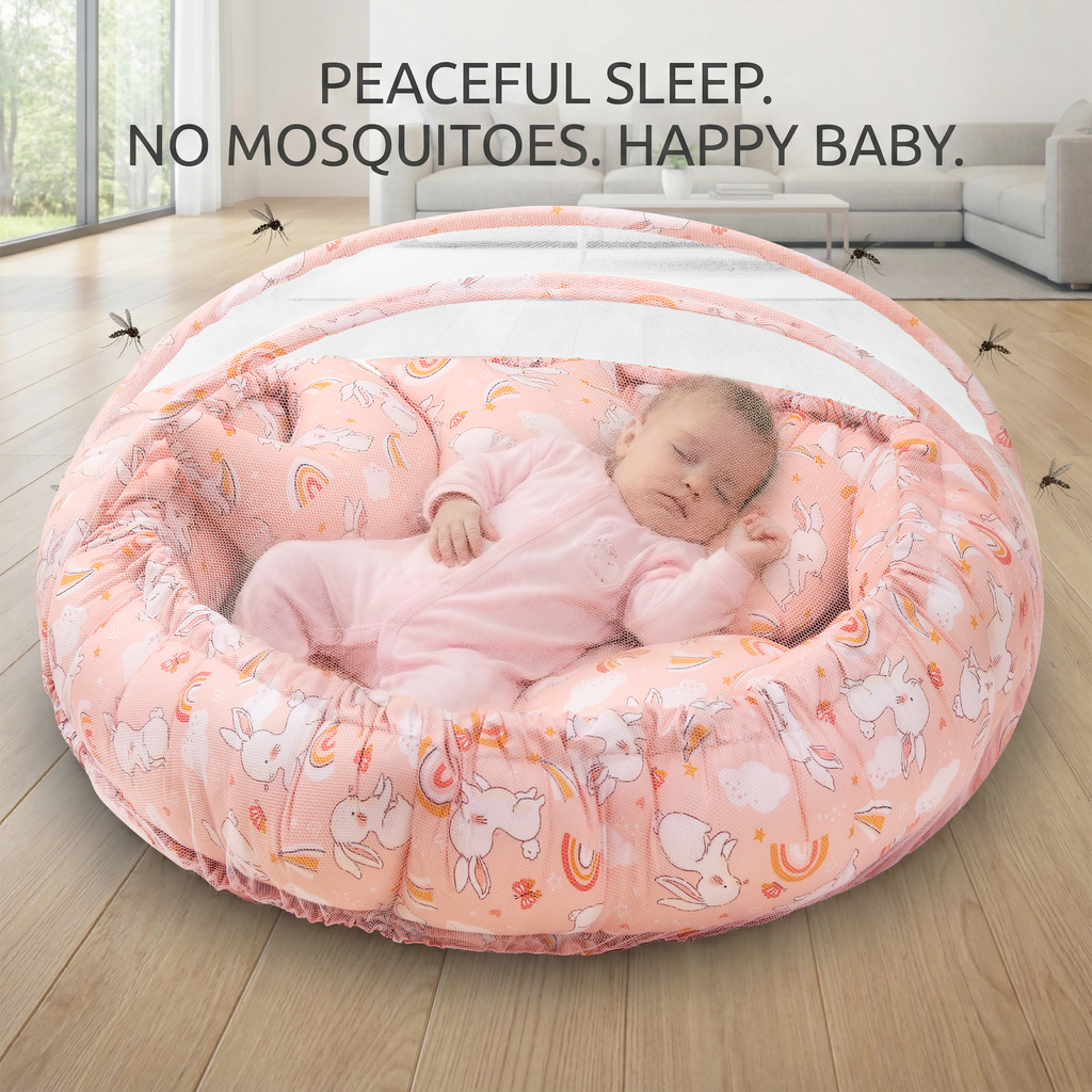 Round Baby Tub Bed with Mosquito Net Portable Newborn Sleeping Bed with Breathable Net Protection with pink color