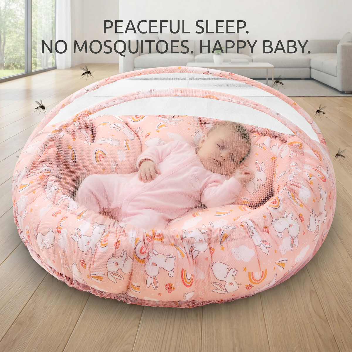 Round Baby Tub Bed with Mosquito Net Portable Newborn Sleeping Bed with Breathable Net Protection with pink color
