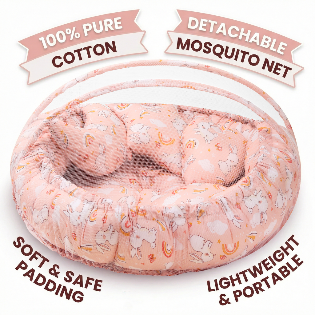 Round Baby Tub Bed with Mosquito Net Portable Newborn Sleeping Bed with Breathable Net Protection with pink color
