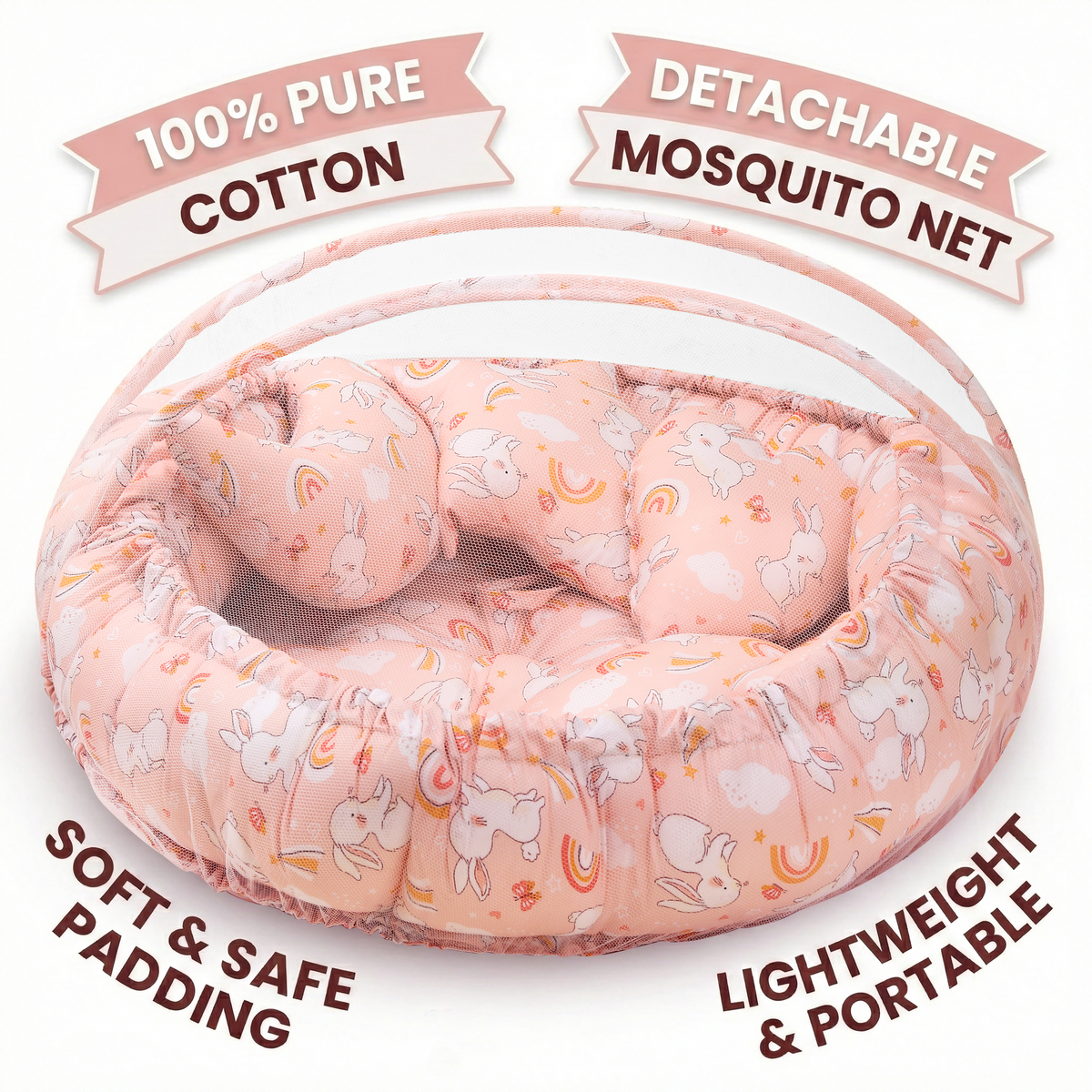 Kausbabi Round Baby Tub Bed with Mosquito Net | Soft Infant Nest Bed with Pillow | Portable Newborn Sleeping Bed with Breathable Net Protection | Comfortable Baby Lounger for 0–12 Months