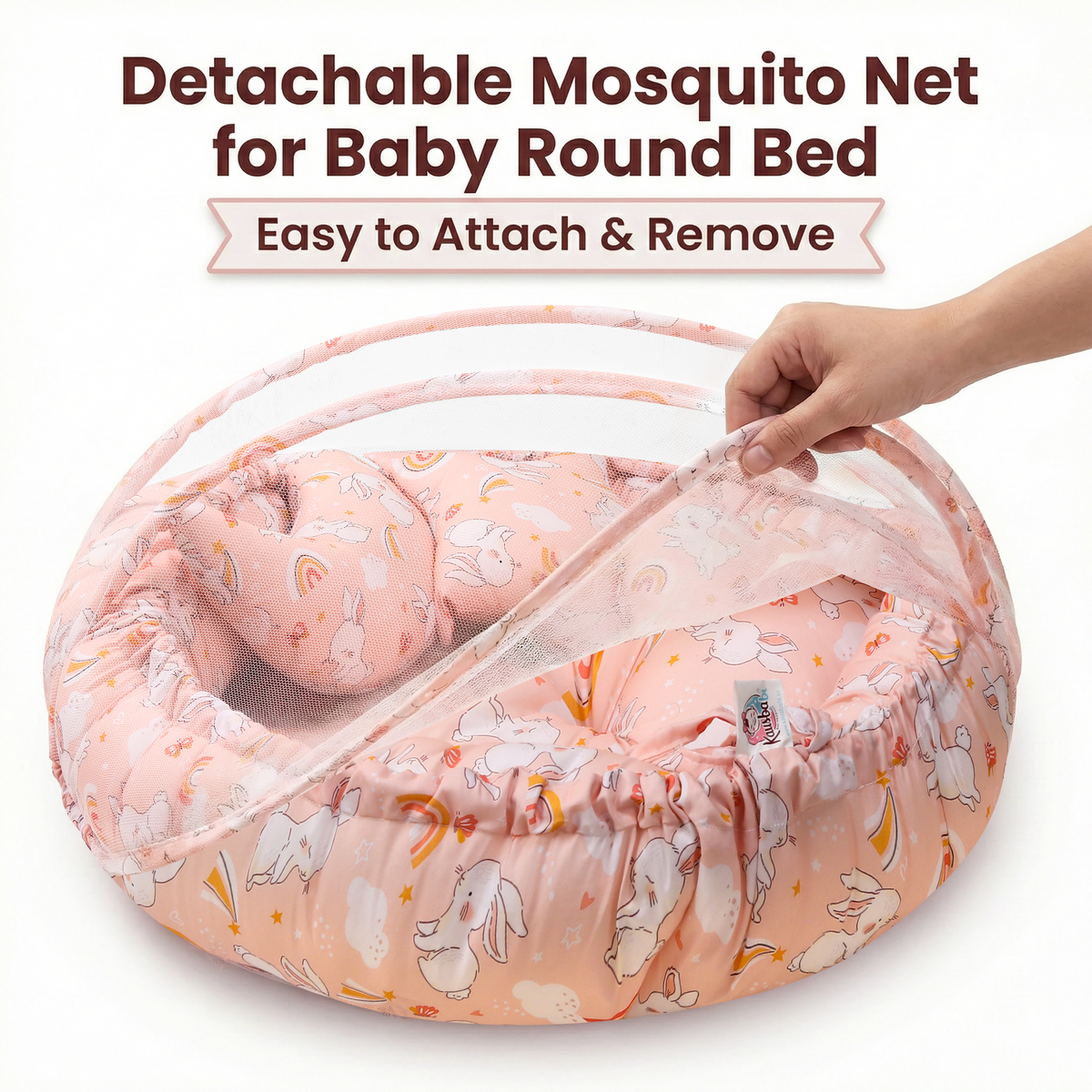Kausbabi Round Baby Tub Bed with Mosquito Net | Soft Infant Nest Bed with Pillow | Portable Newborn Sleeping Bed with Breathable Net Protection | Comfortable Baby Lounger for 0–12 Months