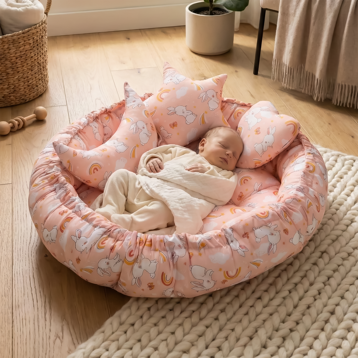 Kausbabi Round Baby Tub Bed with Mosquito Net | Soft Infant Nest Bed with Pillow | Portable Newborn Sleeping Bed with Breathable Net Protection | Comfortable Baby Lounger for 0–12 Months