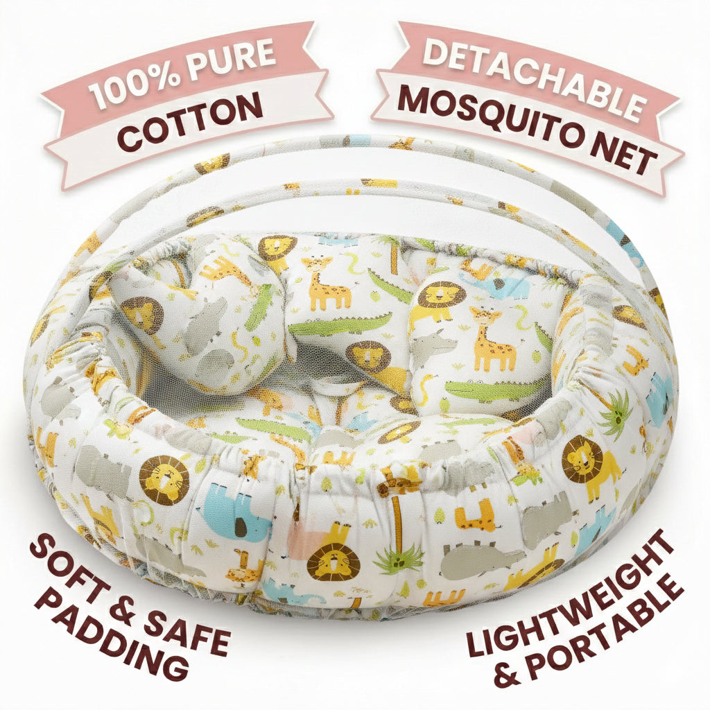 Round Baby Tub Bed with Mosquito Net | Soft Infant Nest Bed with Pillow