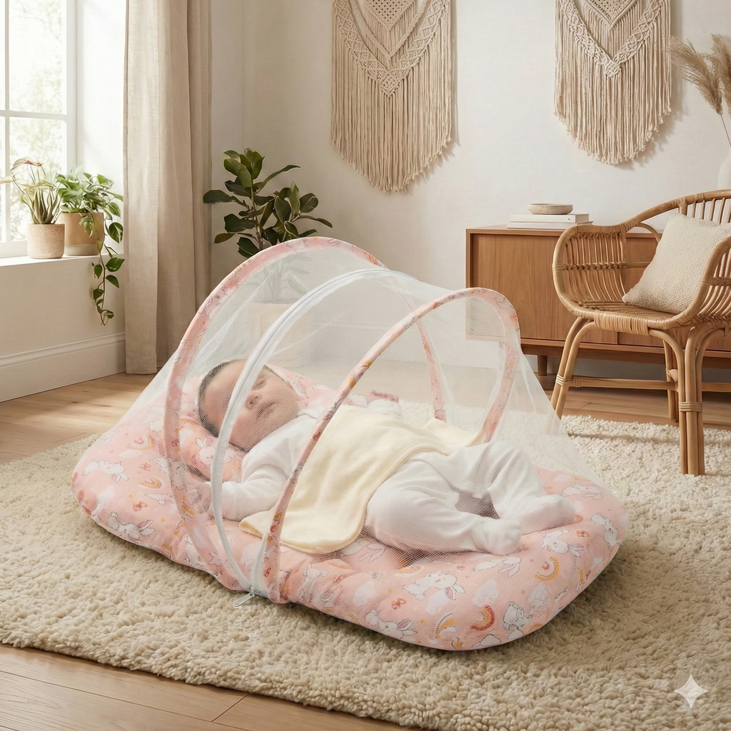 Kausbabi Foldable Baby Mosquito Net with Mattress | Portable Infant Sleeping Bed with Cushion | Breathable Mesh Protection for Newborn Babies | Lightweight Travel Baby Bed (0-12 Months)