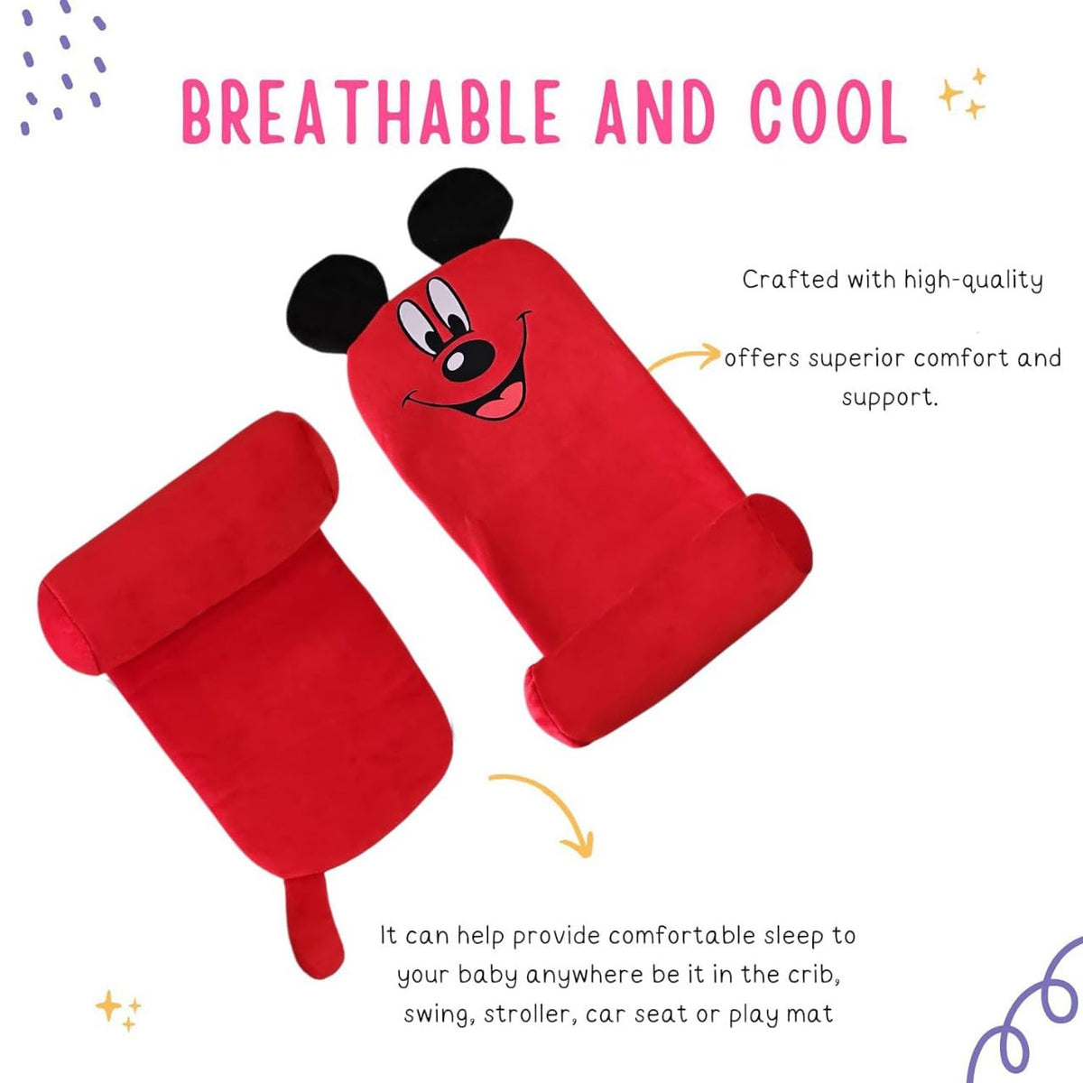Baby Sleeping Support Pillow with Side Rollers | Newborn Safety Sleeping Pillow Set | Soft Cotton Infant Neck Pillow for 0–12 Months | Anti-Flat Head Cushion for Baby Boys & Girls (Micky)