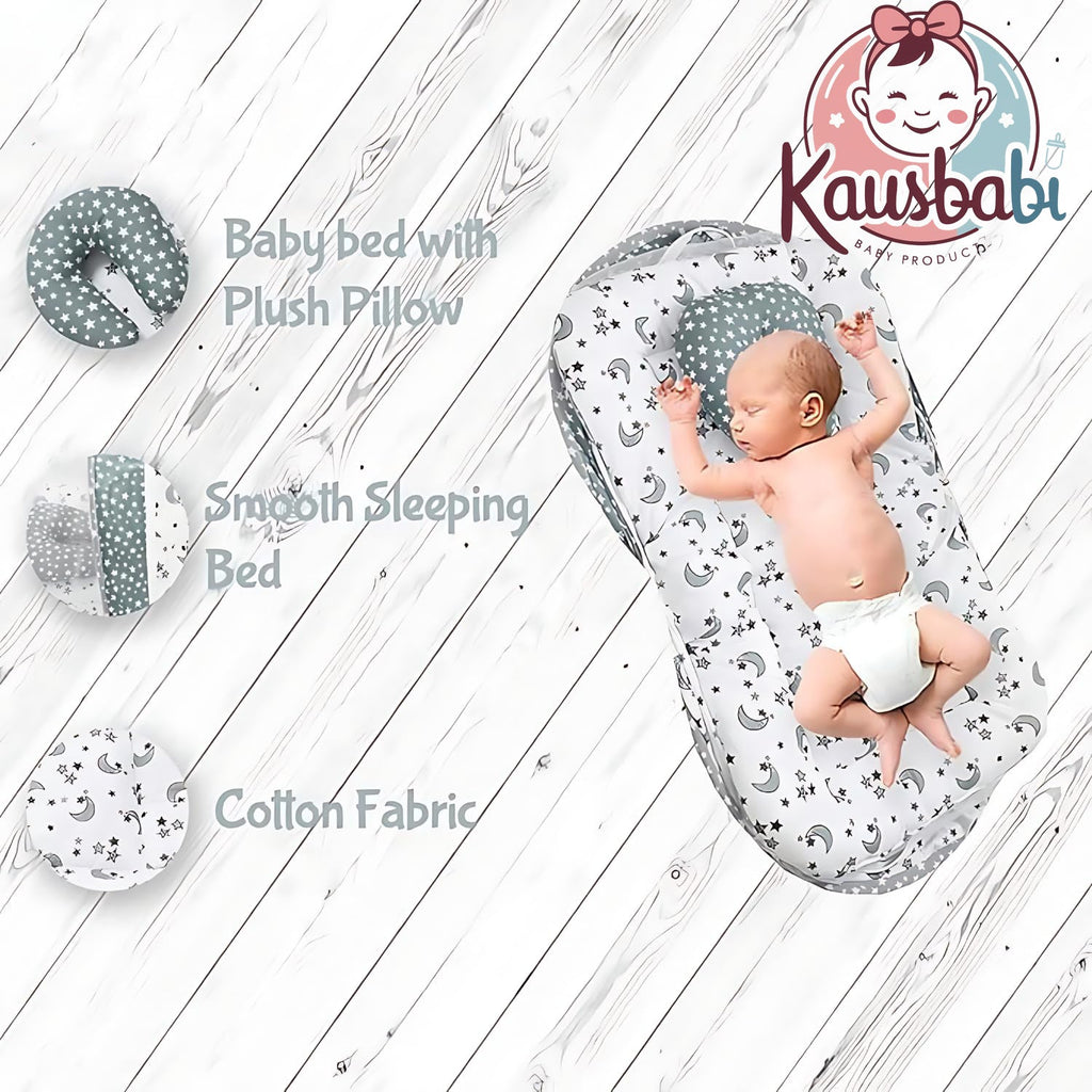 Kausbabi Foldable Baby Mosquito Net with Mattress | Portable Infant Sleeping Bed with Cushion | Breathable Mesh Protection for Newborn Babies | Lightweight Travel Baby Bed (0-12 Months) (Star Moon)