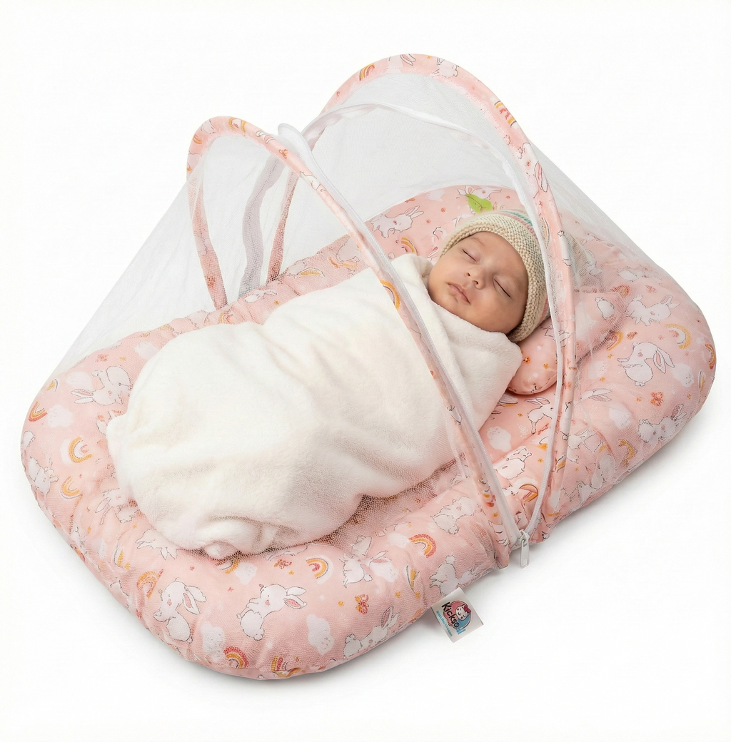 Kausbabi Foldable Baby Mosquito Net with Mattress | Portable Infant Sleeping Bed with Cushion | Breathable Mesh Protection for Newborn Babies | Lightweight Travel Baby Bed (0-12 Months)