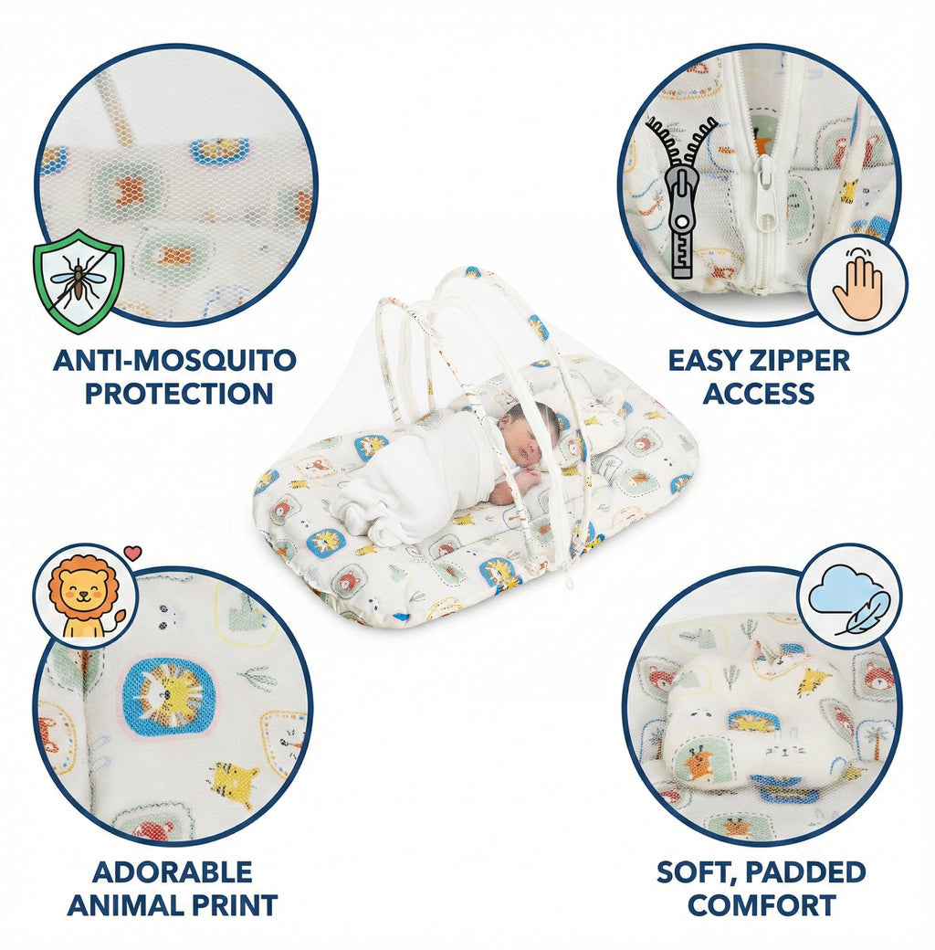 Kausbabi Foldable Baby Mosquito Net with Mattress | Portable Infant Sleeping Bed with Cushion | Breathable Mesh Protection for Newborn Babies | Lightweight Travel Baby Bed (0-12 Months)