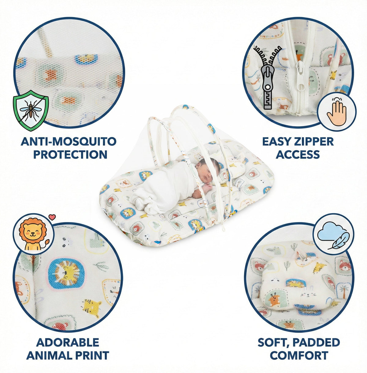 Kausbabi Foldable Baby Mosquito Net with Mattress | Portable Infant Sleeping Bed with Cushion | Breathable Mesh Protection for Newborn Babies | Lightweight Travel Baby Bed (0-12 Months)