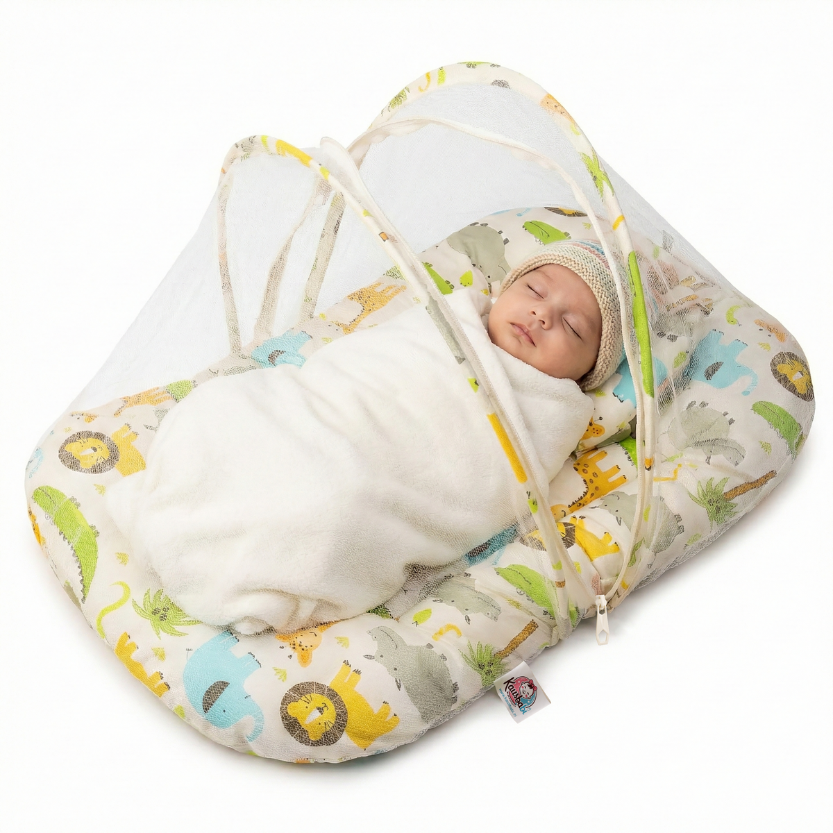 Kausbabi Foldable Baby Mosquito Net with Mattress | Portable Infant Sleeping Bed with Cushion | Breathable Mesh Protection for Newborn Babies | Lightweight Travel Baby Bed (0-12 Months)