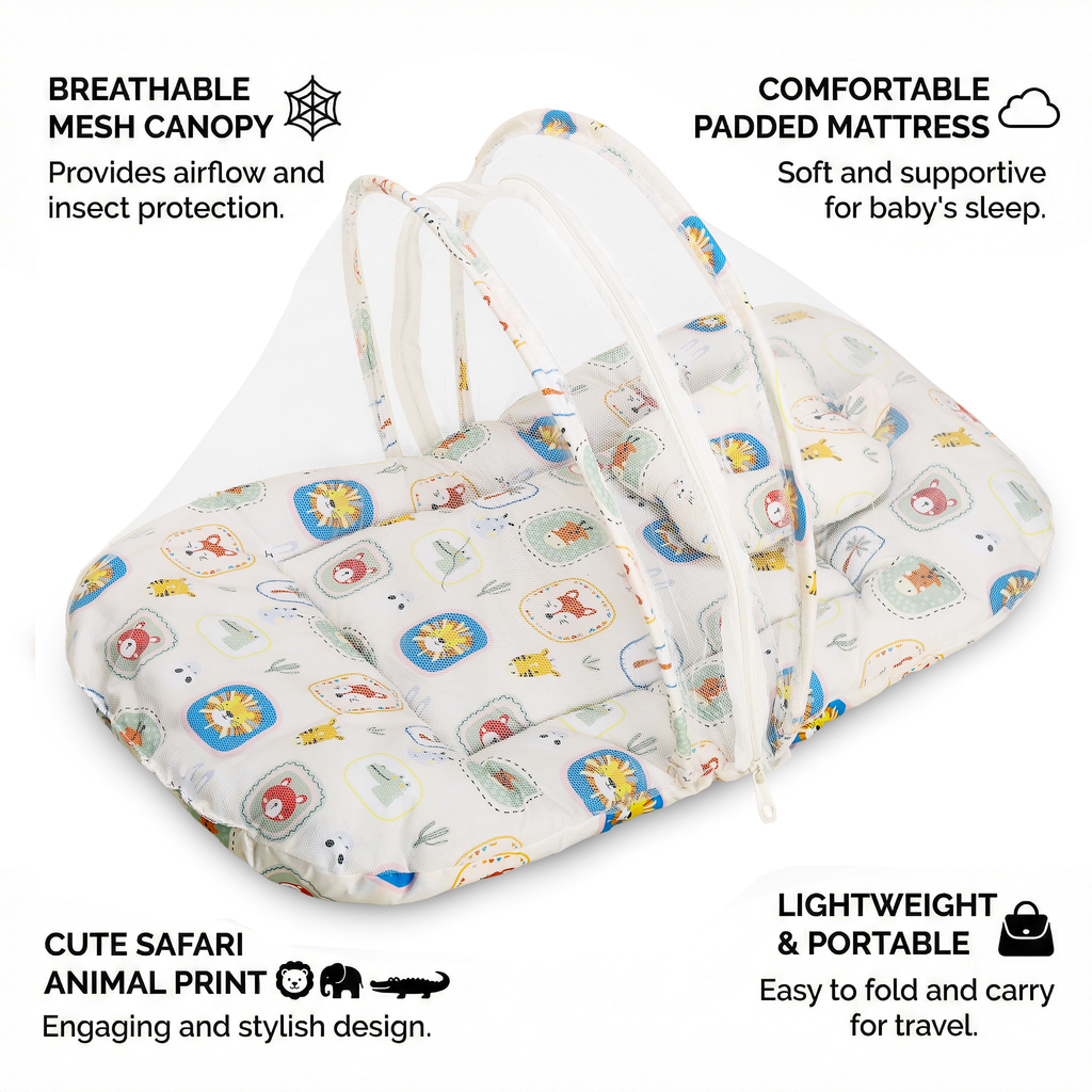 Kausbabi Foldable Baby Mosquito Net with Mattress | Portable Infant Sleeping Bed with Cushion | Breathable Mesh Protection for Newborn Babies | Lightweight Travel Baby Bed (0-12 Months)