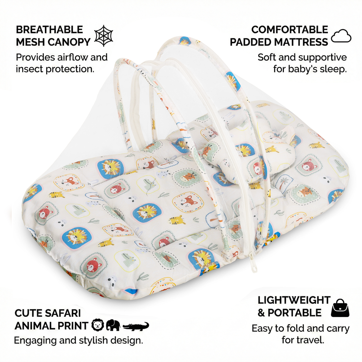 Kausbabi Foldable Baby Mosquito Net with Mattress | Portable Infant Sleeping Bed with Cushion | Breathable Mesh Protection for Newborn Babies | Lightweight Travel Baby Bed (0-12 Months)