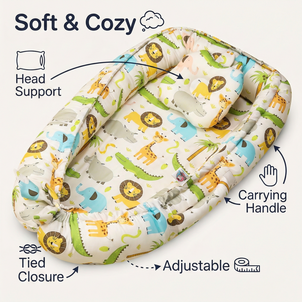 Baby Nest Bed for Newborn | Soft & Breathable Infant Lounger with Pillow with Jungle Safari