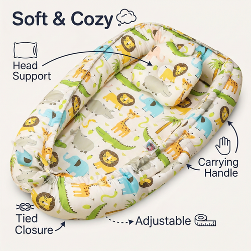 Baby Nest Bed for Newborn | Soft & Breathable Infant Lounger with Pillow - Jungle Safari