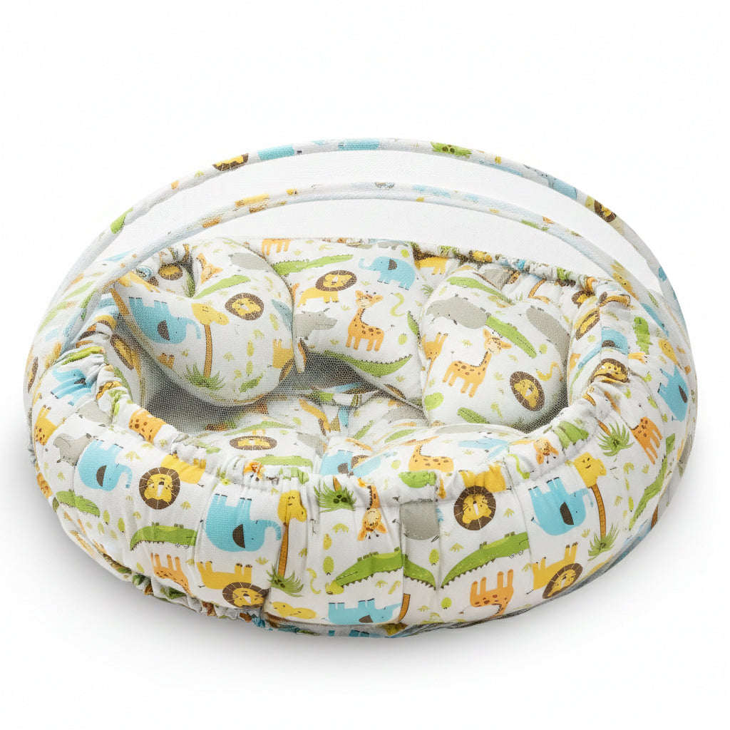 Kausbabi Round Baby Tub Bed with Mosquito Net | Soft Infant Nest Bed with Pillow | Portable Newborn Sleeping Bed with Breathable Net Protection | Comfortable Baby Lounger for 0–12 Months