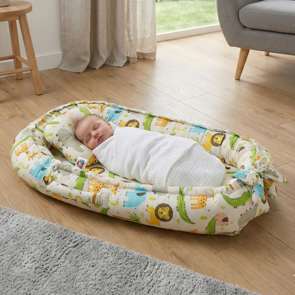 Baby Nest Bed for Newborn | Soft & Breathable Infant Lounger with Pillow with Jungle Safari