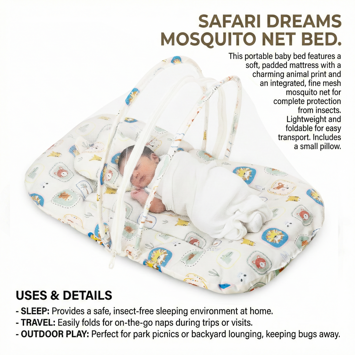 Kausbabi Foldable Baby Mosquito Net with Mattress | Portable Infant Sleeping Bed with Cushion | Breathable Mesh Protection for Newborn Babies | Lightweight Travel Baby Bed (0-12 Months)