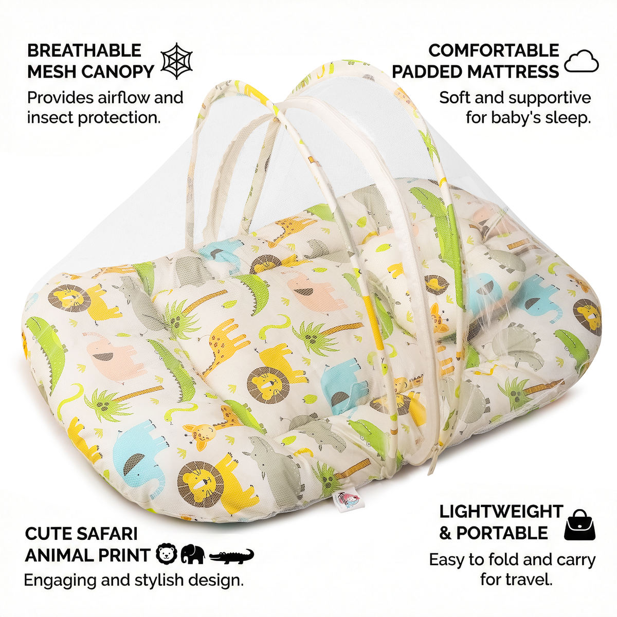 Kausbabi Foldable Baby Mosquito Net with Mattress | Portable Infant Sleeping Bed with Cushion | Breathable Mesh Protection for Newborn Babies | Lightweight Travel Baby Bed (0-12 Months)
