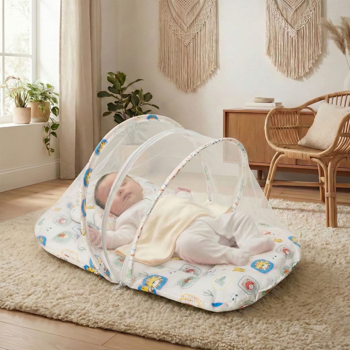 Kausbabi Foldable Baby Mosquito Net with Mattress | Portable Infant Sleeping Bed with Cushion | Breathable Mesh Protection for Newborn Babies | Lightweight Travel Baby Bed (0-12 Months)