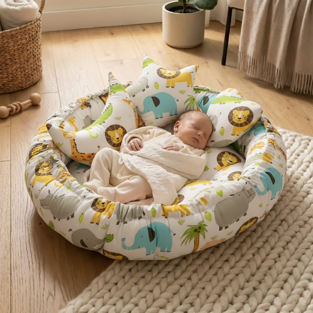 Round Baby Tub Bed with Mosquito Net | Soft Infant Nest Bed with Pillow