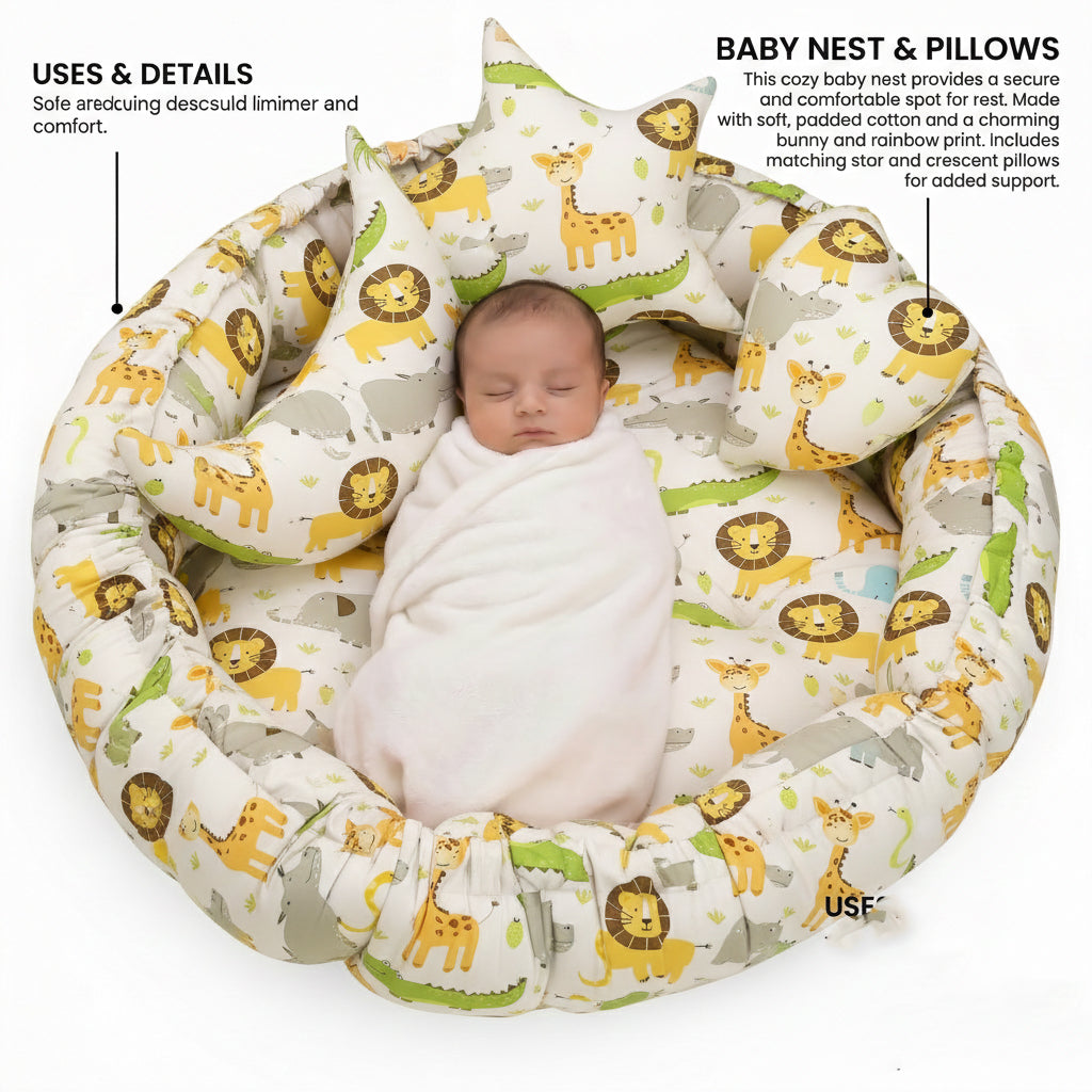 Kausbabi Round Baby Tub Bed with Mosquito Net | Soft Infant Nest Bed with Pillow | Portable Newborn Sleeping Bed with Breathable Net Protection | Comfortable Baby Lounger for 0–12 Months