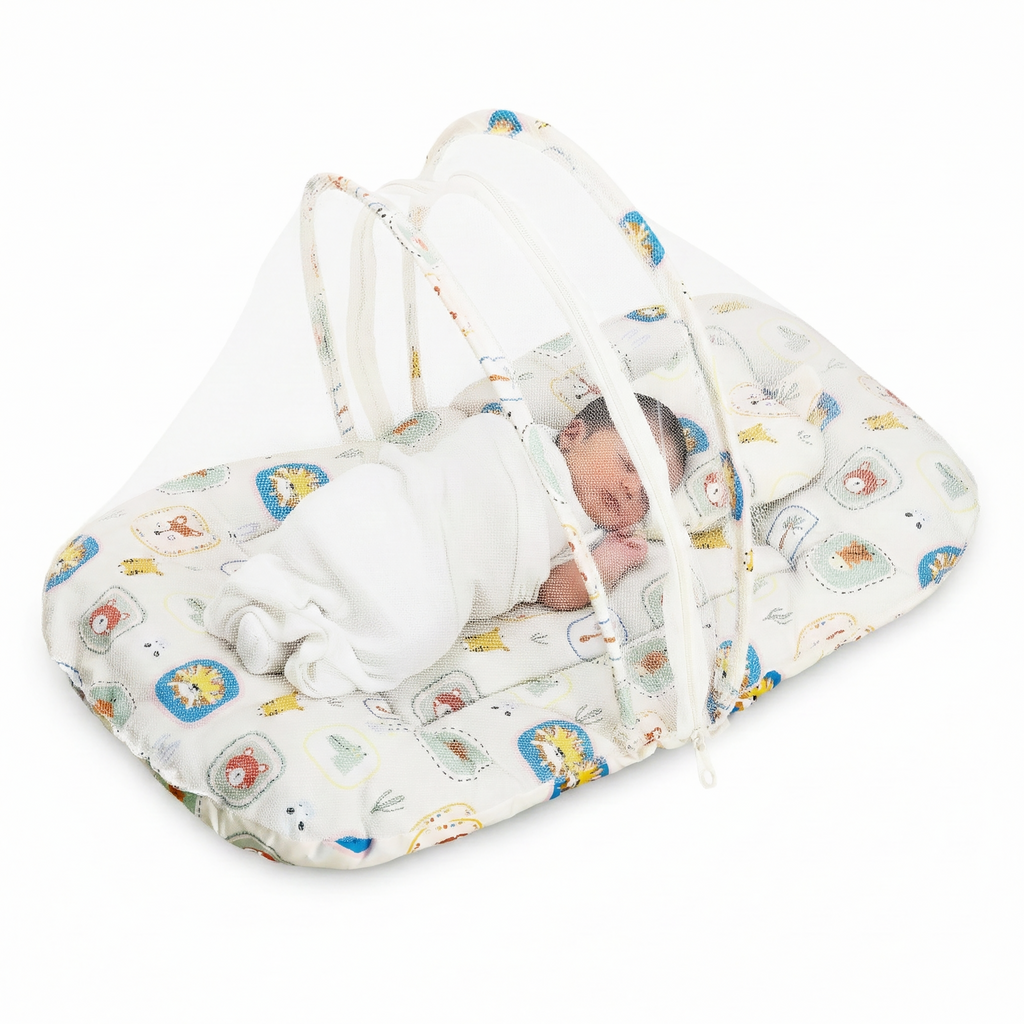 Kausbabi Foldable Baby Mosquito Net with Mattress | Portable Infant Sleeping Bed with Cushion | Breathable Mesh Protection for Newborn Babies | Lightweight Travel Baby Bed (0-12 Months)
